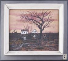 Tóth Rozália (1946-2015): Tanyavilág. Olaj, vegyes technika, farost, jelzett, üvegezett fakeretben, ...