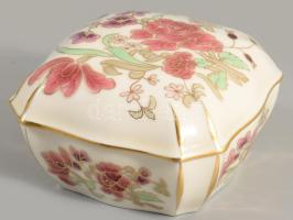 Zsolnay aranykontúrozott virágmintás bonbonier, jelzett, hibátlan, 10,5x10,5 cm