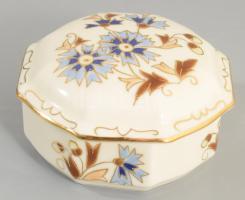 Zsolnay búzavirágmintás porcelán bonbonier, kézzel festett, jelzett, hibátlan, d:9 cm