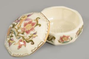 Zsolnay aranykontúrozott virágmintás bonbonier, jelzett, hibátlan, d: 9 cm