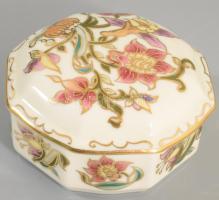 Zsolnay aranykontúrozott virágmintás bonbonier, jelzett, hibátlan, d: 9 cm