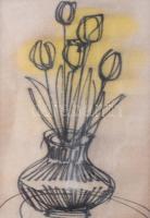 Macskássy Izolda (1945-2021): Virágok. Vegyes technika, selyem, jelzés nélkül. Üvegezett fakeretben. 13,5x9,5 cm.