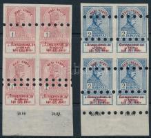 1914 Hadi segély 1K és 2K fogazatlan ívszéli négyestömbök megsemmisítő lyukasztással