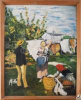 Jelzés nélkül, Szinyei Merse Pál után: Ruhaszárítás. Olaj, farost, fakeretben. 40x30 cm.