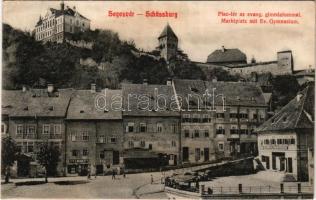 1912 Segesvár, Schässburg, Sighisoara; Piac tér az evangélikus gimnáziummal, F. Lingner, H. Gross, üzlete / market square, Lutheran church, shops + "BRASSÓ - BUDAPEST 15 D" vasúti mozgóposta bélyegző (EK)