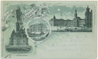 1899 Arad, Vértanú szobor, színház épület, Fő tér este holdfényben. Lengyel Lipót kiadása / martyrs statue, theatre at night in moonlight. Art Nouveau, floral, litho (r)