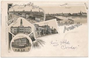 Arad, Andrássy tér, Maros part, Városháza, Lyceum, Színház. Ferd. Pialek / square, riverside, town hall, school, theatre. Art Nouveau, floral, litho (vágott / cut)