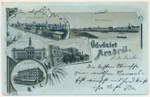 1901 Arad, Andrássy tér, Maros part, Városháza, Lyceum, Színház este holdfényben. Bloch H. kiadása / square, riverside, town hall, school, theatre at night in moonlight. Art Nouveau, floral, litho (EM)