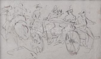 Jelzés nélkül, feltehetően XIX. sz. második fele/XX. sz. eleje: Társaság. Tus, papír, üvegezett fakeretben. Hátoldalán utólagos felirattal: "v.ö. Henri de Toulouse-Lautrec: Femme dans une charette (...)". 10x16 cm.