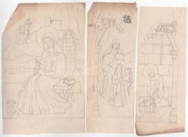 Dabis Blanka, Ferenczy Jenőné (1909-1980), 4 db mű: Szárnyasoltár terve, Szent Margit alakjával, 1937. Ceruza, papír vagy hártyapapír, jelzett. 24x35 (papír) és 25x9 és 25x16 cm közötti méretekben.