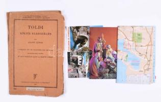 Közepes doboznyi papírrégiség, benne képeslap, térképek, újságok, cca 250 db fotó, prospektusok, nyo...
