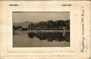 1940 Nagybánya, Baia Mare; Lacul Bödi. Libraria si Tipografia Aladar Frankovits / Bódi tó, szecessziós keretben / lake. photo + "1940 NAGYBÁNYA VISSZATÉRT" So. Stpl (gyűrődések / creases)