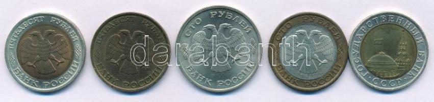 Oroszország 1991. 10R bimetál + 1992. 50R bimetál + 100R bimetál + 1993. 50R Al-bronz + 100R Ni-sárg...