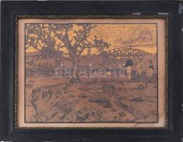 Túri-Polgár István (1884-1980): Mezőtúri Berrettyóhíd. Tempera, tus, papír. Jelzett. Körbevágva. Dekoratív, üvegezett, sérült fakeretben, 30x39 cm