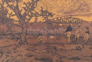 Túri-Polgár István (1884-1980): Mezőtúri Berrettyóhíd. Tempera, tus, papír. Jelzett. Körbevágva. Dek...