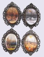 4 darab selyemkép, fém keretben, 13x9,5 cm