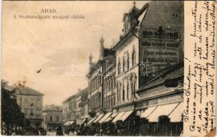 1904 Arad, Szabadság tér nyugoti (nyugati) oldala, Dobránszky sörcsarnoka, áruház, Arad Ipar- és Népbank, Biztosító Társulat, Zálogkölcsön Intézet, üzletek / square, beer hall, shops, bank, insurance company (fl)