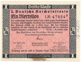 Német Harmadik Birodalom 1940. "2. Deutsche Reichslotterie (2. Német Birodalmi Sorsjáték)" 3. osztály 1/4 sorsjegye, vízjeles papíron, sorszámozással T:XF hajtatlan, folt German Third Reich 1940. "2. Deutsche Reichslotterie (2. German Reich Lottery)" 3rd class 1/4 lottery ticket on watermarked paper, with serial number C:XF unfolded, spotted