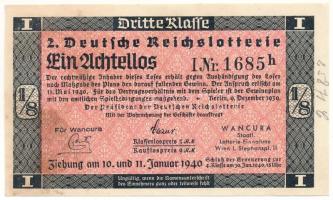 Német Harmadik Birodalom 1940. "2. Deutsche Reichslotterie (2. Német Birodalmi Sorsjáték)" 3. osztály 1/8 sorsjegye, vízjeles papíron, sorszámozással T:XF hajtatlan, folt German Third Reich 1940. "2. Deutsche Reichslotterie (2. German Reich Lottery)" 3rd class 1/8 lottery ticket on watermarked paper, with serial number C:XF unfolded, spotted