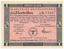 Német Harmadik Birodalom 1944. "12. Deutsche Reichslotterie (12. Német Birodalmi Sorsjáték)" 2. osztály 1/4 sorsjegye, vízjeles papíron, sorszámozással T:AU German Third Reich 1944. "12. Deutsche Reichslotterie (12. German Reich Lottery)" 2nd class 1/4 lottery ticket on watermarked paper, with serial number C:AU