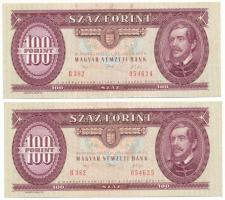 1992. 100Ft (2x) sorszámkövetők "B 382 054624 - B 382 054625" az egyik nyomdai festékfoltokkal T:UNC Adamo F37