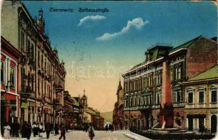 1916 Chernivtsi, Czernowitz, Cernauti, Csernyivci (Bukovina, Bucovina, Bukowina); Rathausstrasse / city hall street, shops + "K.u.k. Feldpostamt 71" "K.u.k. Kraftwagen-Kolonne Klosterneuburg 9." (kopott sarkak / worn corners)