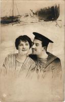 1917 Osztrák-magyar haditengerészet matróza és egy hölgy, montázs, az SM Tb 66F torpedónaszádról küldve / K.u.k. Kriegsmarine Matrose / WWI Austro-Hungarian Navy mariner with a lady, montage. photo (EK)