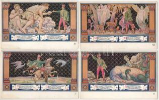 BUDAPEST - 18 db RÉGI képeslap: Egyetem utca 5. Erzsébet Királyné Szálló étterem és söröző pince, Sándor Béla falfestménye Petőfi Sándor János vitézéből, a teljes sorozatból a 10-es hiányzik + néhány duplum / 18 pre 1945 wall paintings postcards, complete series missing Nr. 10. + couple of doubles