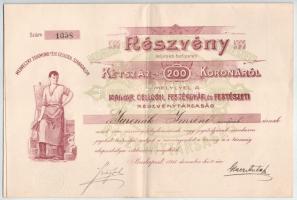 1911. Budapest "Magyar Cellosil Festékgyár és Festészeti Részvénytársaság" névre szóló részvénye 200K-ról, szárazpecséttel, szelvényekkel T:F