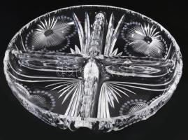 Antik négyosztatú ólomkristály kínáló, csiszolt és hántolt mintával, hibátlan, d: 24,5 cm