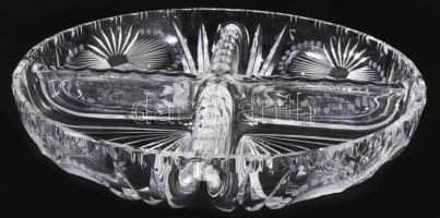 Antik négyosztatú ólomkristály kínáló, csiszolt és hántolt mintával, hibátlan, d: 24,5 cm