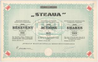 1938. Budapest "Steaua - Magyar Kőolaj Részvénytársaság" ötszáz részvénye egyben, összesen 5000P értékben, vízjeles papíron, szárazpecséttel T:AU