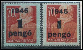 1945 Kisegítő bélyegek (IV.) I. kiadás 2 db 1P/70f kétféle felülnyomással