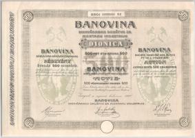 Horvátország / Zágráb 1908. "Banovina Bánya Ipar-Részvénytársaság" Minta részvénye, sorszám nélkül, szelvényekkel T:AU