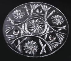 Ólomkristály tortatálca, gazdag mintával díszítve, 3 kis lábon, hibátlan, d: 29 cm