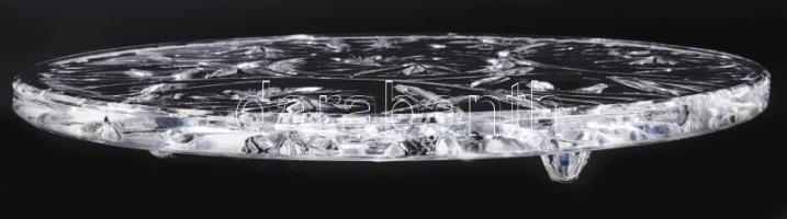 Ólomkristály tortatálca, gazdag mintával díszítve, 3 kis lábon, hibátlan, d: 29 cm