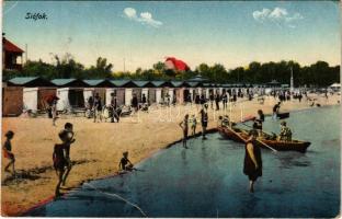 Siófok, strand, fürdőzők. Novitas (fa)