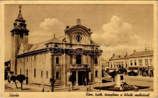 Sárvár, Kossuth tér, római katolikus templom, Hősök szobra, emlékmű. Markos Lajos kiadása (EK)