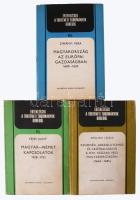 Értekezések a történeti tudományok köréből 3 kötete (80, 91, 93): Zimányi Vera: Magyarország az európai gazdaságban. 1600-1650. Benczédi László: Rendiség, abszolutizmus és centralizáció a XVII. század végi Magyarországon. (1664-1685.) Fejes Judit: Magyar-német kapcsolatok. 1928-1932. Bp., 1976-1981, Akadémiai Kiadó. Kiadói papírkötés, kissé kopott borítókkal, 2 kötet volt könyvtári példány.