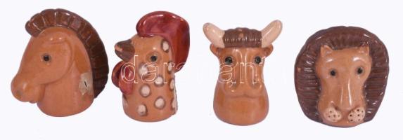 4 db állatfejes mázas kerámia ujjbáb, az egyiken Iparművészeti Vállalatos zsűri címkével, kis mázlepattanásokkal, m: 5-6 cm