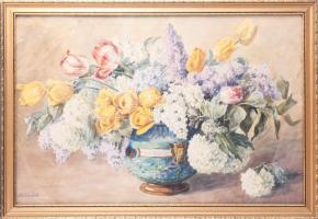 Olvashatatlan jelzéssel: Csendélet. Akvarell, ceruza, papír. 50x74 cm. Üvegezett, dekoratív fakeretben.