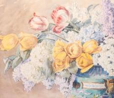 Olvashatatlan jelzéssel: Csendélet. Akvarell, ceruza, papír. 50x74 cm. Üvegezett, dekoratív fakeretb...