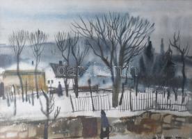 Szalóky Sándor (1921-1978): Csobánkai tél. Akvarell, papír, jelezve jobbra lent, hátoldalán Képcsarnok Vállalat címkéivel, 35×49,5 cm. Dekoratív, üvegezett, kopott fakeretben.