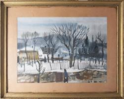 Szalóky Sándor (1921-1978): Csobánkai tél. Akvarell, papír, jelezve jobbra lent, hátoldalán Képcsarn...
