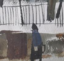 Szalóky Sándor (1921-1978): Csobánkai tél. Akvarell, papír, jelezve jobbra lent, hátoldalán Képcsarn...