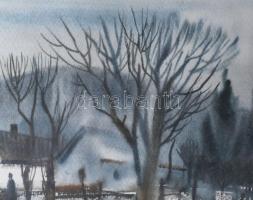 Szalóky Sándor (1921-1978): Csobánkai tél. Akvarell, papír, jelezve jobbra lent, hátoldalán Képcsarn...