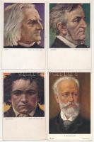 4 db RÉGI zeneszerzők képeslap: Liszt, Wagner, Beethoven, Csajkovszkij / 4 pre-1945 composer postcards: Liszt, Wagner, Beethoven, Tschaikowsky