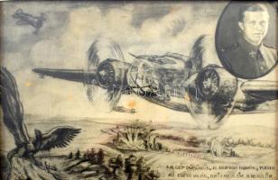 1942. Tóth Dezső bombázó repülőgépet ábrázoló grafikája, "A gép dübörög..." vers részlettel, üvegezett keretben