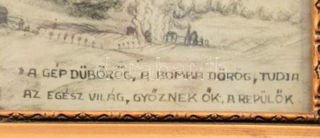 1942. Tóth Dezső bombázó repülőgépet ábrázoló grafikája, "A gép dübörög..." vers részlette...