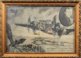 1942. Tóth Dezső bombázó repülőgépet ábrázoló grafikája, "A gép dübörög..." vers részlette...